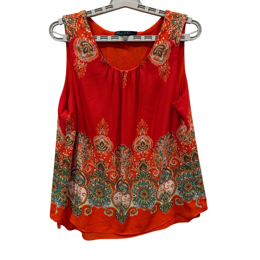 Rose & Olive Orange Paisley Border Print Sleeveless Blouse Split Back Large